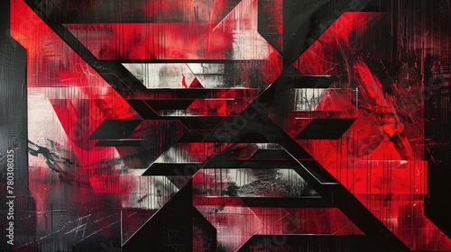 Delve into the convergence of cyber and metal with an abstract design featuring a palette of red and black, enhanced by geometric lines and futuristic shadows