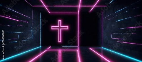 A physical cross positioned at the center of a tunnel, surrounded by darkness and echoing emptiness