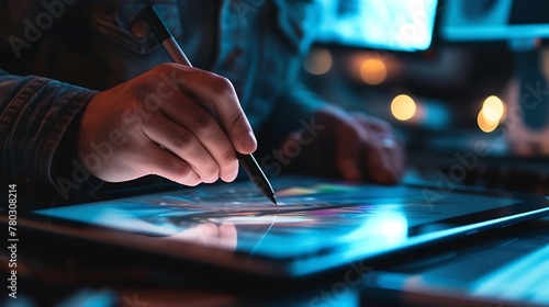 A graphic designer working on a digital tablet with a stylus, creating digital art