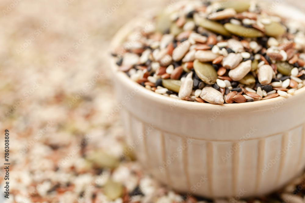 Seeds mix in bowl. Sunflower, black and white sesame, flax and pumpkin seeds Seeds mix in bowl. Sunflower, black and white sesame, flax and pumpkin seeds