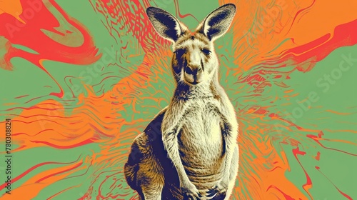 Kangaroo in pop-art style graphic, psychedelic colors swirling around its form, Burnt Orange and Electric Green background