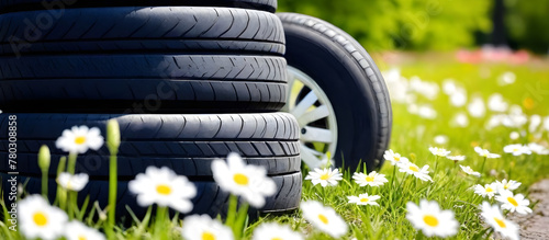 Summer tires are dumped on the side of the road, creating an unsightly and wasteful scene photo