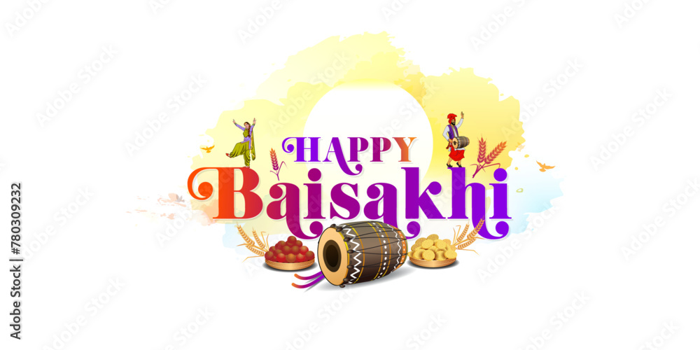 Vector illustration of Punjabi Sikh festival Baisakhi. Celebration background with Happy Baisakhi text. - obrazy, fototapety, plakaty 