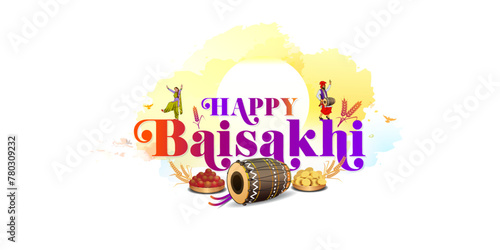 Vector illustration of Punjabi Sikh festival Baisakhi. Celebration background with Happy Baisakhi text.