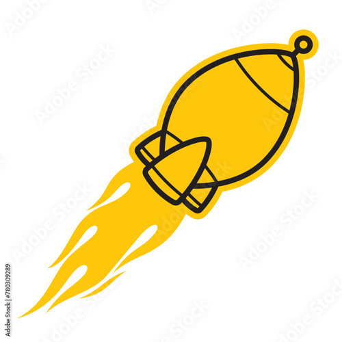 Vector black flying line cartoon spaceship model wit flames. Isolated on white background.