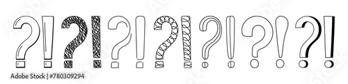 Doodle question and exclamation marks hand drawn sketch vector illustration set. Collection of various exclamation and question attention, asking, doubt and warning punctuation freehand scribbles.