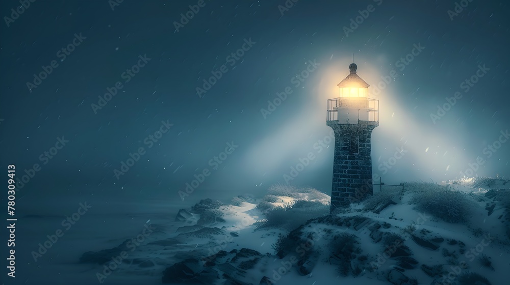 Majestic Lighthouse Beacon Guiding through Foggy Night, Symbol of Hope and Guidance, Winter Coastline Scene Illuminated. AI