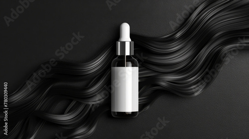 A bottle of hair product is on a black background