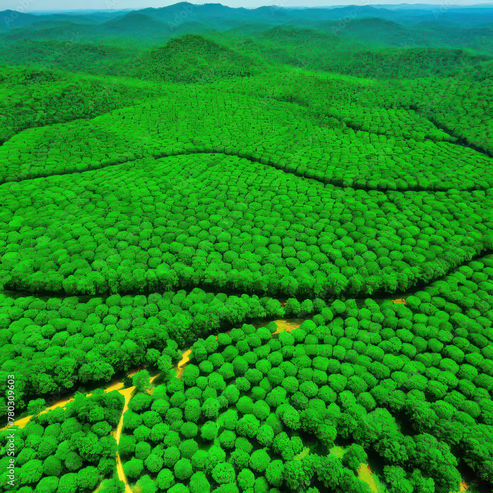 Green plantations replace cut down forests. Concept - healing the Earth.
