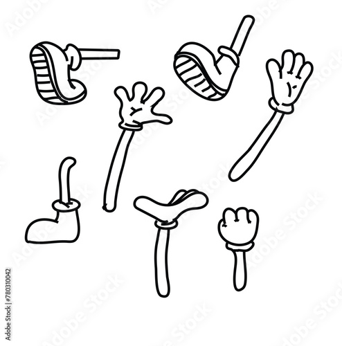 Cartoon legs and hands. Legs in boots and gloved hands. Vector isolated illustration set