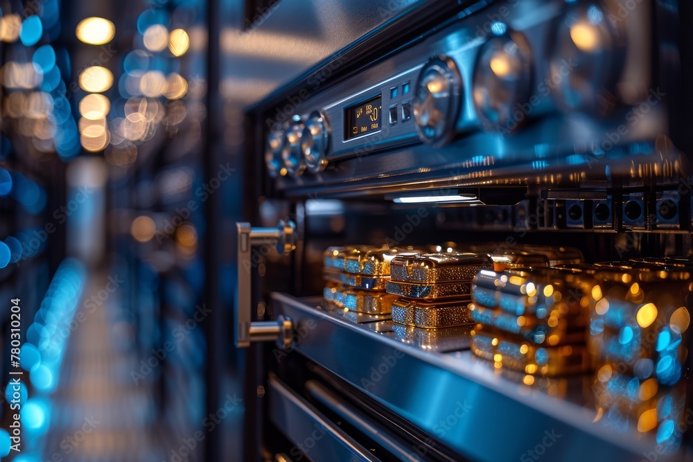 Modern stainless steel bank safe with a digital keypad and biometric scanner containing rows of stacked gold bullion and cash savings. Security and wealth concept 