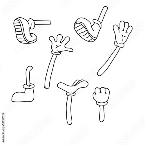 Cartoon legs and hands. Legs in boots and gloved hands. Vector isolated illustration set