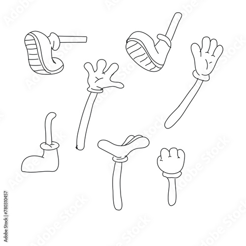 Cartoon legs and hands. Legs in boots and gloved hands. Vector isolated illustration set