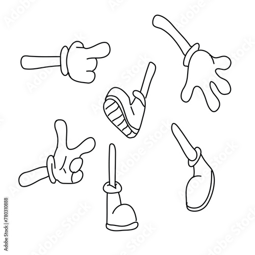 Cartoon legs and hands. Legs in boots and gloved hands. Vector isolated illustration set