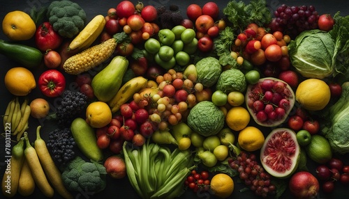 A variety of vibrant fruits and vegetables arranged on a dark background highlights healthy choices and dietary diversity. photo