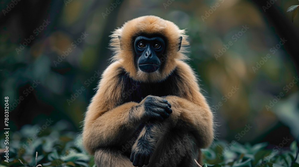 closeup of a Gibbon sitting calmly, hyperrealistic animal photography, copy space for writing