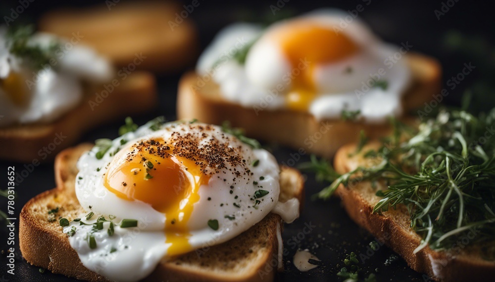 Poached eggs on toast with herbs and spices on a dark background. Poached eggs on toast with herbs and spices on a dark background.