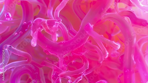 A colorful image of bright pink Trypanosomes their ribbonlike bodies intertwined and corkscrewing through the fluid under a microscope . AI generation. photo