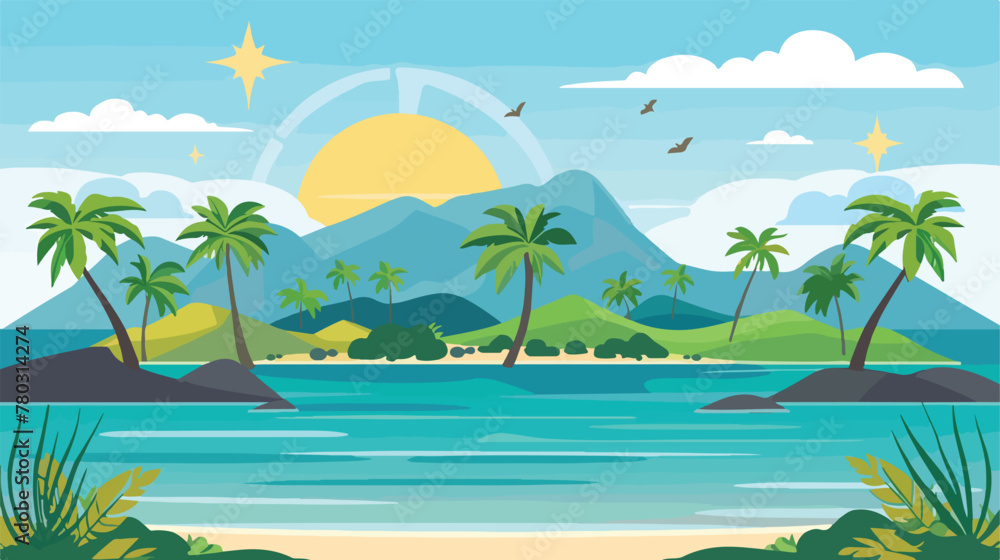Cartoon colorful view of tropical island with beach