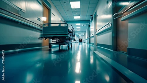 The hospital's hallways have emergency beds in between, lit by bright ceiling lights. photo