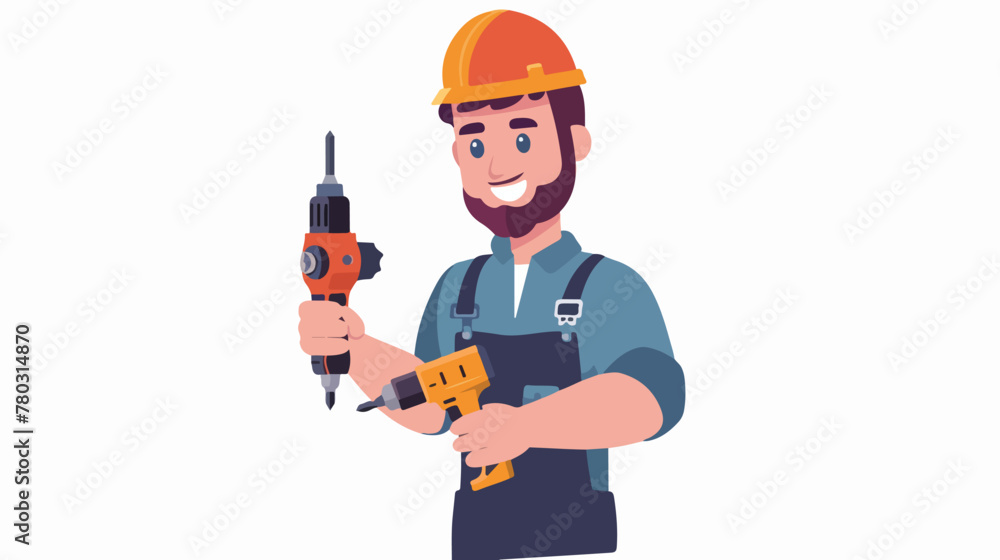 Cartoon mechanic holding a drill tool flat vector isolated
