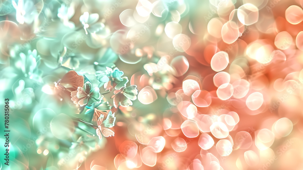 Abstract blur bokeh background. Blurred mint gold, peach red and