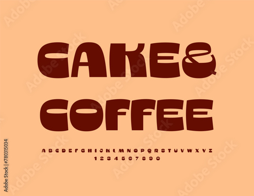Vector advertising sign Cake and Coffee. Retro style Font. Creative Alphabet Letters and Numbers set.
