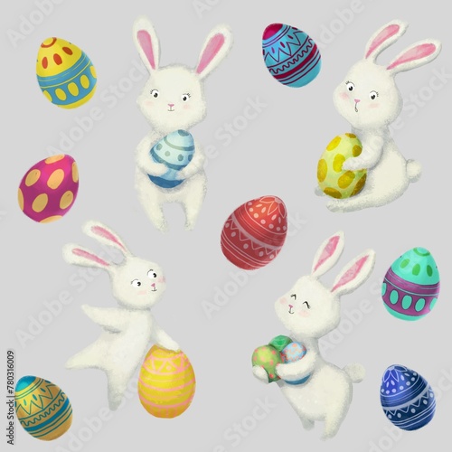 Easter set with cute white rabbits and colored eggs