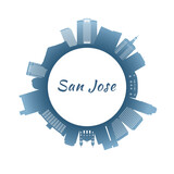 San Jose, CA skyline with colorful buildings. Circular style. Stock vector illustration.