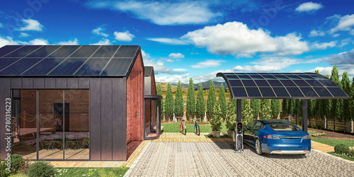Energy Supply at a Family House With Solar Charging Station for Electric Car (summer landscape in background) - 3D Visualization