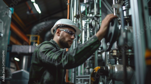 a male engineer in a hard hat and safety glasses operating a large machine in a factory