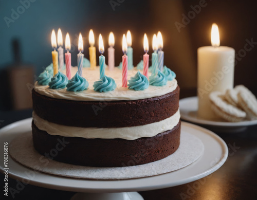 Chocolate Layer Cake with Colorful Candles and Blue Icing