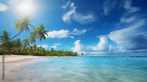 Tropical beach panorama as summer landscape with beach swing or hammock and white sand and calm sea for beach banner. © May