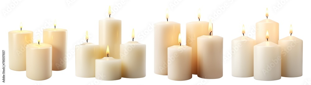Set of pillar candles with flames illuminated, cut out - obrazy, fototapety, plakaty 