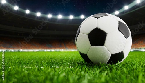 Sport photo of soccer ball, football sits alone on a green field at night, bathed in the glow of stadium lights  © Argus Art