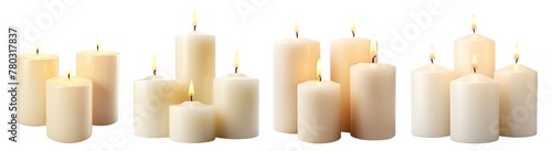 Set of pillar candles with flames illuminated, cut out