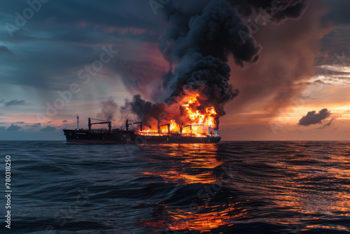 A burning oil tanker casts a fiery glow against the dark expanse of the sea, billowing thick clouds of smoke into the sky.