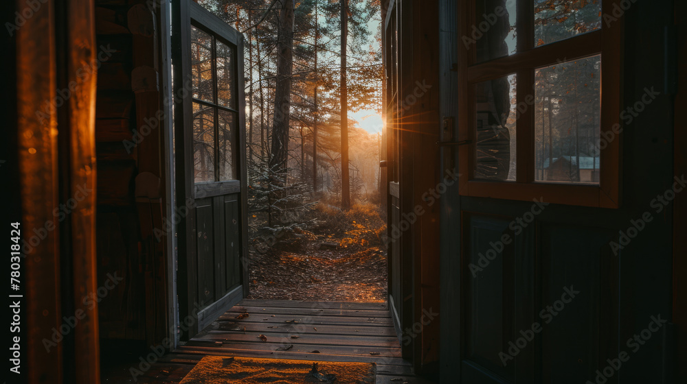 The doors are open with a view of the sunset in the forest. View of the forest from the house.