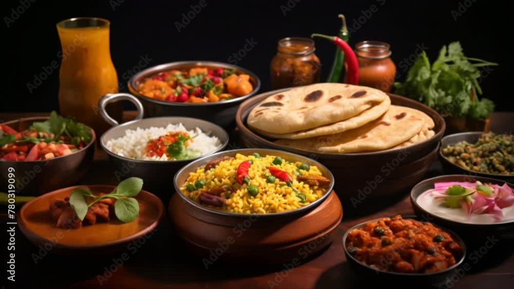 Assorted Indian food in dark table,Bowls of indian food on dark table., Assorted Indian food in dark table,Bowls of indian food on dark table.,