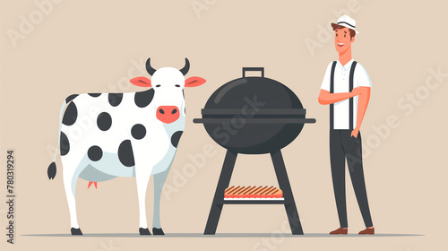 Steakhaus mit Grill und Grillmeister Person die grillt mit echtem lebendigen Bullen Stier daneben Generative AI photo