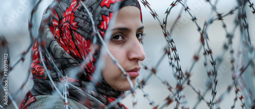 In an act of courageous defiance, a woman clad in a headscarf tears through barbed wire, a potent symbol of her resistance against tyranny and oppression. photo