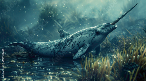 closeup of a Narwhal sitting calmly, hyperrealistic animal photography, copy space for writing photo