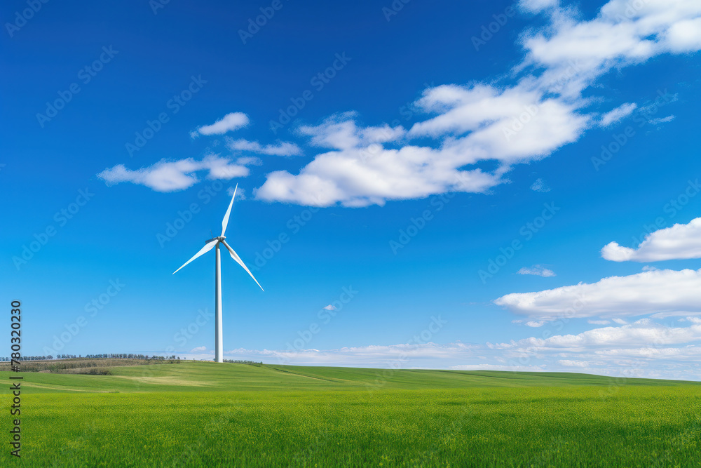 Lone wind turbine spinning in a lush green field under a blue sky AI Generative.