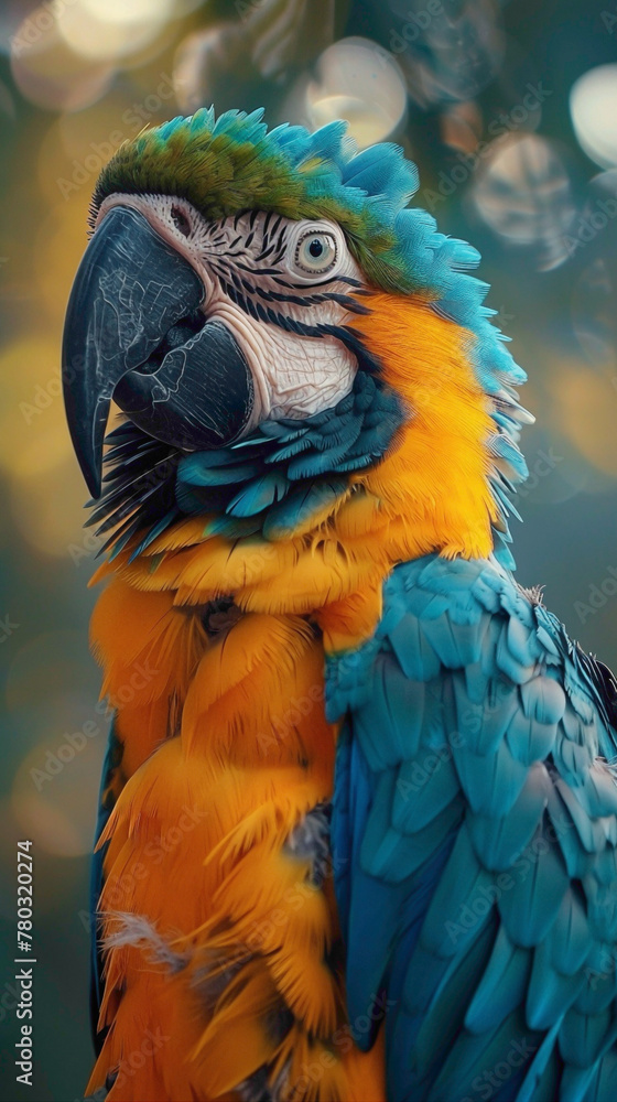 closeup of a Parrot sitting calmly, hyperrealistic animal photography, copy space for writing