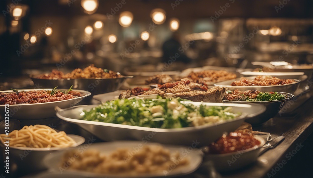 A buffet spread in a cozy restaurant, featuring meats, salads, and pastas. Soft lighting and bokeh create a warm ambiance.