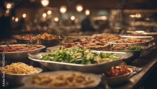 A buffet spread in a cozy restaurant  featuring meats  salads  and pastas. Soft lighting and bokeh create a warm ambiance.