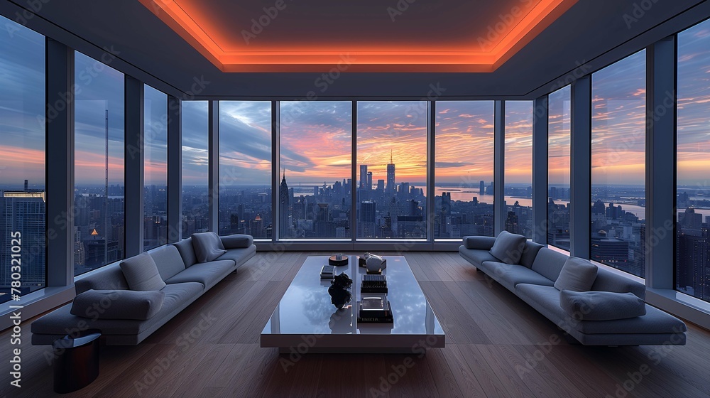Fototapeta premium Panoramic City View from Modern High-Rise Apartment at Sunset