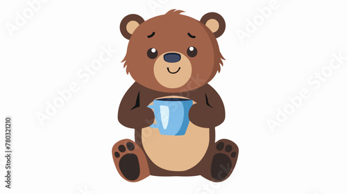 Cute brown bear with blue cup flat vector isolated 