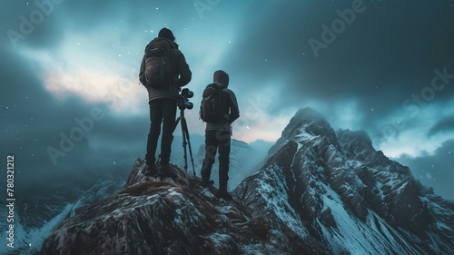 Photographic assistants who have experienced wind and rain stand on the top of the mountain, holding cameras, ready to capture beautiful scenery, AI Generative