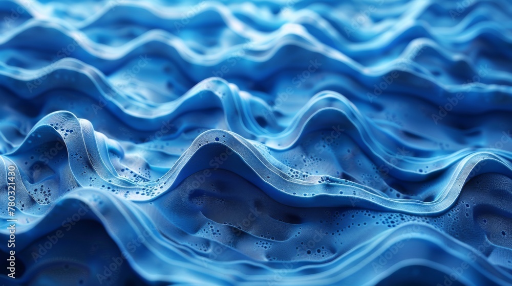 Obraz premium The image is of a blue wave with a lot of water droplets on it. Scene is calm and serene, as the water droplets create a sense of movement and fluidity